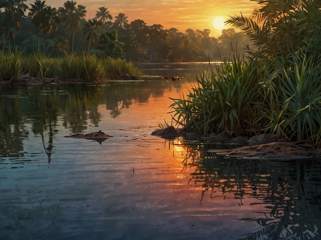 Auf dem Bild ist ein malerischer Sonnenaufgang am Sittee River zu sehen. Das sanfte Licht der Morgenröte spiegelt sich im ruhigen Wasser, das von üppigem, grünem Schilf und Palmen gesäumt wird. Die Umgebung vermittelt ein Gefühl von Ruhe und natürlicher Schönheit. 

Entlang des Flusses kann man die vielfältige Tierwelt erleben: vielleicht das Geräusch von Vögeln, die sich in den Bäumen niederlassen, oder das Plätschern von Fischen, die an die Wasseroberfläche springen. Bei Spaziergängen am Ufer kommen oft auch kapuzineraffen oder andere Tiere ins Blickfeld, die die Region bevölkern. 

Diese Naturlandschaft lädt zu Erkundungen ein, sei es durch Bootsfahrten auf dem Fluss oder einfach nur durch entspannte Spaziergänge entlang des Wassers. Die Szenerie symbolisiert das harmonische Zusammenspiel von Flora und Fauna, das den Sittee River zu einem einzigartigen Naturerlebnis macht.