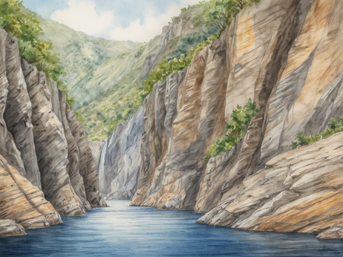 Atemberaubender Anblick des Somoto Canyon mit hohen, steilen Felswänden, die von Grün umgeben sind. In der Mitte fließt ein ruhiger blauer Fluss, während die Berge im Hintergrund sanft ansteigen. Die natürlichen Strukturen und Farben vermitteln ein Gefühl von Erhabenheit und Abenteuer, perfekt für Wanderer und Kajakfahrer, die die beeindruckende Landschaft erkunden möchten.