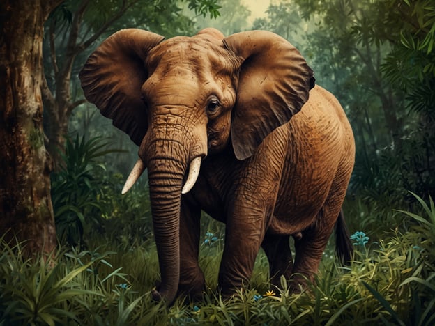 Auf dem Bild ist ein großer Elefant zu sehen, der in einer üppigen, grünen Umgebung steht. Im Hintergrund wachsen hohe Bäume, und das Unterholz ist mit verschiedenen Pflanzen und wahrscheinlich einigen Blumen bewachsen. Die Szene wirkt lebendig und könnte in einem tropischen oder subtropischen Regenwald angesiedelt sein. Der Elefant selbst hat eine markante, faltige Haut und große, auffällige Ohren.