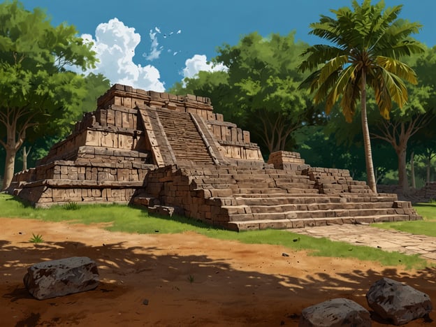 Das Bild zeigt eine pyramidale Struktur, die typischerweise mit der Architektur der Maya-Zivilisation assoziiert wird. Cahal Pech ist eine archäologische Stätte in Belize, die für ihre beeindruckenden Maya-Ruinen bekannt ist. Die abgebildete Pyramide könnte eine Nachbildung oder ein künstlerisches Werk sein, das ähnliche Merkmale wie die Gebäude in Cahal Pech aufweist. Die Umgebung ist üppig mit Bäumen und Pflanzen, was auf eine tropische Landschaft hinweist, die typisch für die Region ist. Cahal Pech selbst ist bekannt für seine zahlreiche Tempel und Wohnstrukturen, die Einblicke in die Kultur und Lebensweise der Maya geben.