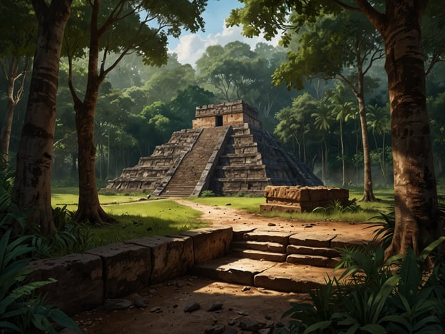 Auf dem Bild ist eine beeindruckende Maya-Pyramide zu sehen, eingebettet in eine üppige, grüne Dschungellandschaft. Der Anblick der alten Steinstufen, die zur Pyramide führen, lässt den Betrachter die Geschichte und Kultur der Maya spüren. Umgeben von hohen Bäumen und verschiedenen Pflanzen schafft die Naturlandschaft eine ruhige, fast mystische Atmosphäre.

Die Lichtverhältnisse sind angenehm, mit sanften Schatten und Sonnenstrahlen, die durch das Blätterdach dringen. Dies lädt zu einem Spaziergang ein, bei dem man die Ruhe der Natur genießen und gleichzeitig die architektonischen Wunder der Vergangenheit bewundern kann. Ein idealer Aussichtspunkt, um sowohl die Pyramide als auch die umgebende Flora und Fauna zu erleben, bietet eine harmonische Verbindung zwischen Mensch und Natur.