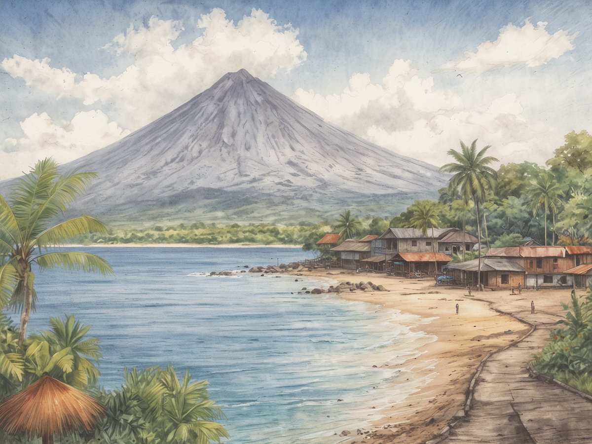 Eine beeindruckende Landschaft mit einem majestätischen Vulkan im Hintergrund, der in sanften Grautönen gemalt ist. Vor dem Vulkan erstreckt sich ein ruhiger, blauer Wasserbereich, der mit einigen kleinen Wellen an den Strand plätschert. Der Strand ist mit sanftem, goldenem Sand bedeckt, gesäumt von grünen Palmen und Sträuchern. In der Nähe des Wassers steht eine Reihe von einfachen, aber charmanten Holzhäusern mit ziegelgedeckten Dächern, die eine einladende und friedliche Atmosphäre schaffen. Am Horizont sind einige Wolken zu sehen, die den Himmel auflockern und das Gesamtbild lebendig wirken lassen.