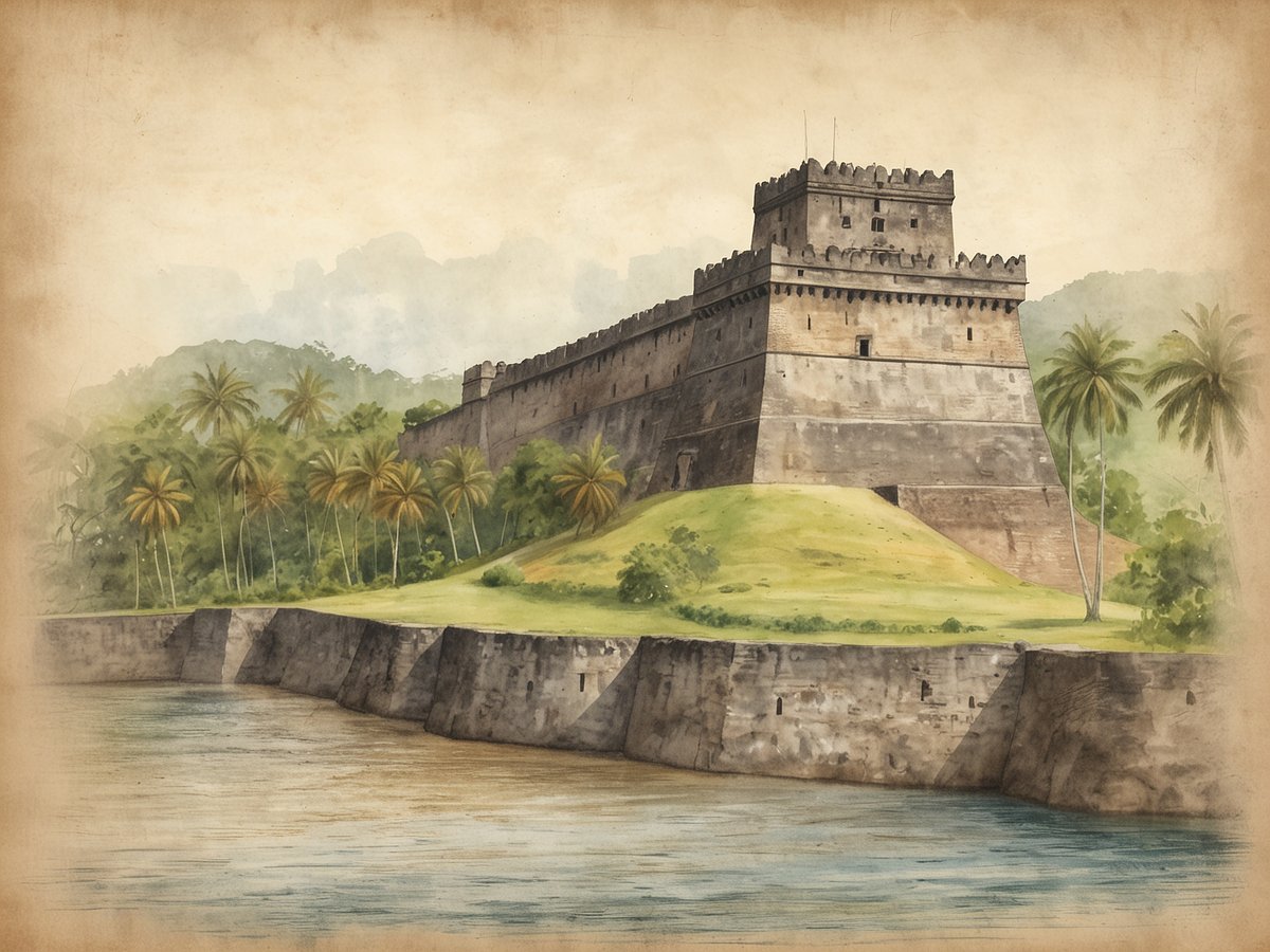 Ein historisches Bauwerk thront auf einer sanften Anhöhe am Ufer eines Gewässers. Die Festung ist von üppigem, grünem Pflanzenwuchs umgeben, einschließlich hoher Palmen. Der Himmel ist leicht bewölkt, während die sanfte Landschaft im Hintergrund die beeindruckende Struktur umrahmt. Die Mauern der Festung sind massiv und weisen architektonische Details wie Zinnen und Fenster auf, die auf eine lange Geschichte hinweisen. Das Wasser vor der Festung reflektiert die sanften Farben der Umgebung.