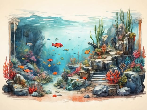 Auf dem Bild ist eine faszinierende Unterwasserlandschaft in einem Aquarium zu sehen. Die Besonderheiten dieses Aquariums umfassen:

1. **Vielfältige Meereslebewesen**: Bunte Fische schwimmen in unterschiedlichen Gruppen, was für eine lebendige und dynamische Unterwasserwelt sorgt.

2. **Künstlerische Gestaltung**: Die Szenen sind sorgfältig illustriert mit detaillierten Fischen und Pflanzen, die dem Aquarium eine künstlerische Note verleihen.

3. **Korallenriffe**: Viele verschiedene Arten von Korallen in lebhaften Farben sind im Vordergrund abgebildet, die ein wichtiger Lebensraum für viele Meereslebewesen sind.

4. **Felsenlandschaft**: Die steinigen Strukturen und Treppen, die in die Unterwasserwelt führen, schaffen ein spannendes und abwechslungsreiches Terrain.

5. **Helle Wasserfarben**: Die durchsichtigen, blauen und grünen Wassertöne erzeugen ein Gefühl von Tiefe und Klarheit.

Insgesamt vermittelt das Bild eine entspannende und friedliche Atmosphäre, die die Schönheit der Unterwasserwelt einfängt.