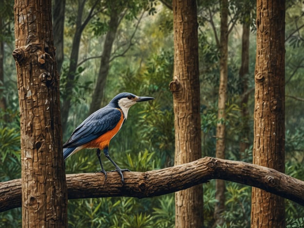 Auf dem Bild ist ein farbenfroher Vogel zu sehen, der auf einem Baumzweig sitzt. Der Vogel hat ein blaues Gefieder und einen orangefarbenen Bauch. Der Hintergrund zeigt eine grüne, dichte Vegetation, die typisch für das Crooked Tree Wildlife Sanctuary ist. Diese Umgebung bietet idealen Lebensraum für viele Vogelarten, was Vogelbeobachtern zahlreiche Möglichkeiten bietet, die Vielfalt der avifauen Fauna zu entdecken.