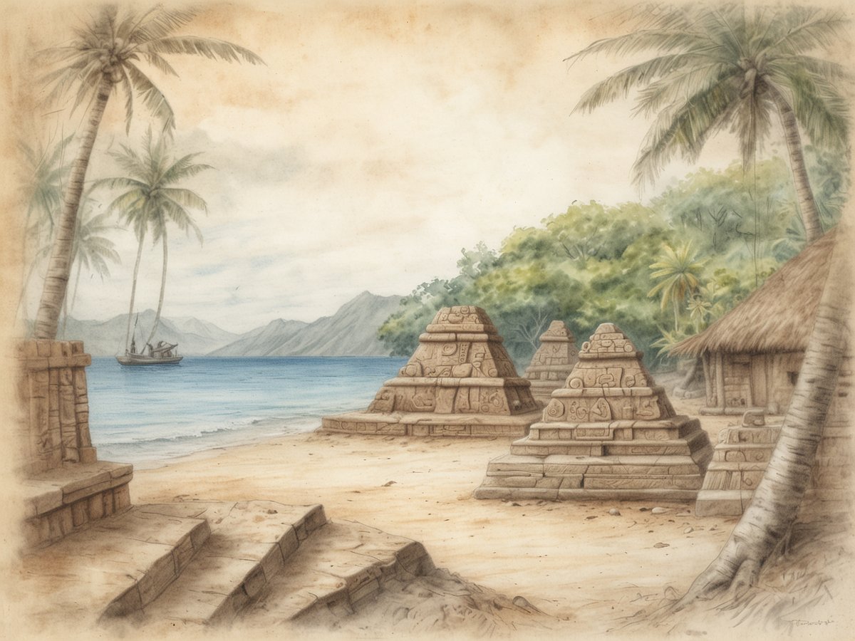 Eine traumhafte Küstenlandschaft mit einer sandigen Strandecke, umgeben von Palmen. Im Vordergrund stehen mehrere pyramidenförmige Strukturen aus Stein, die mit präkolumbianischen Mustern verziert sind. Rechts ist eine einfache, strohgedeckte Hütte zu sehen. Im Hintergrund erstrecken sich sanfte Hügel und das blaue Wasser des Meeres, auf dem ein kleines Segelschiff ankernd sichtbar ist. Der Himmel ist sanft eingefärbt, was eine mystische Atmosphäre schafft.