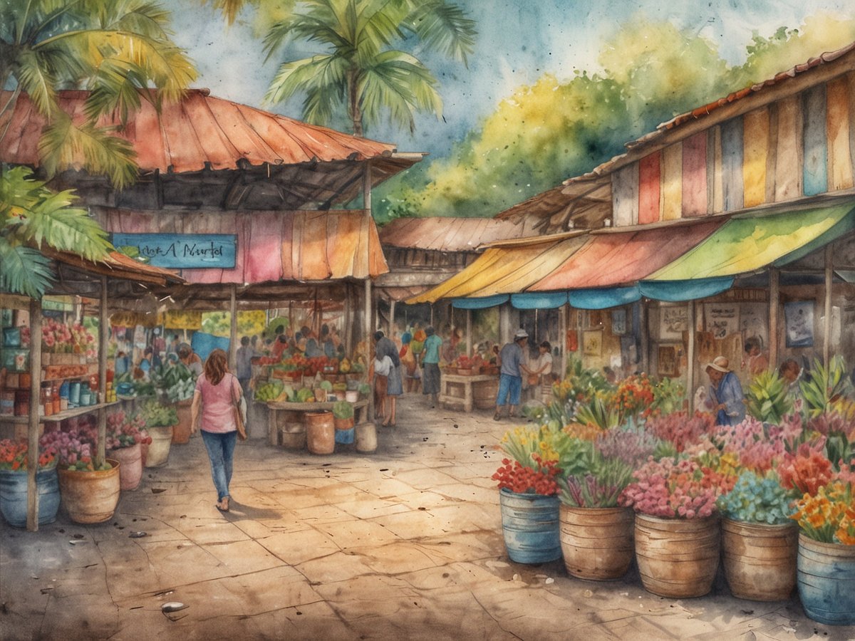 Eine malerische Szene aus einem lebhaften Markt in Masaya mit bunten Ständen, die eine Vielzahl von Blumen und frischem Obst anbieten. Die Stände sind mit farbenfrohen Stoffen überdacht, während Menschen zwischen den Auslagen umher schlendern. Ein sonniger Himmel mit grünen Palmen rundet die Atmosphäre der Stadt der Blumen ab. In der Mitte des Bildes ist eine Frau zu sehen, die mit einem Beutel in der Hand durch die Marktstraße geht, umgeben von Verkäufern und anderen Besuchern, die sich über die Angebote austauschen.