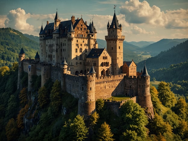 Auf dem Bild ist eine majestätische Burg zu sehen, die sich beeindruckend auf einem Hügel über eine malerische Landschaft erhebt. Die Architektur zeigt hohe Türme und eine kunstvolle Fassade, was auf eine historische und romantische Bauweise hinweist. Diese Beschreibung könnte gut zu einer der Top 10 der schönsten Burgen in Deutschland passen, wie zum Beispiel:

1. **Neuschwanstein** – bekannt für sein märchenhaftes Aussehen.
2. **Hohenzollern** – beeindruckend auf einem Berggipfel.
3. **Burg Eltz** – malerisch im Tal gelegene Burg.
4. **Schloss Heidelberg** – bekannt für seine historische Bedeutung.
5. **Burg Rothenburg ob der Tauber** – eine charmante mittelalterliche Burg.
6. **Schloss Hohenzollern** – eine der schönsten Burgen Deutschlands.
7. **Schloss Burg** – eine der größten Burganlagen in Deutschland.
8. **Burg Trausnitz** – hoch über der Stadt Landshut gelegen.
9. **Burg Mauterndorf** – ein gut erhaltenes Bauwerk in der Salzburger Region.
10. **Schloss Neuenberg** – eine einzigartige Kombination aus Burg und Schloss.

Obwohl ich nicht sagen kann, welche Burg konkret abgebildet ist, könnte sie durchaus als eine von diesen historischen und schönen Burgen interpretiert werden.