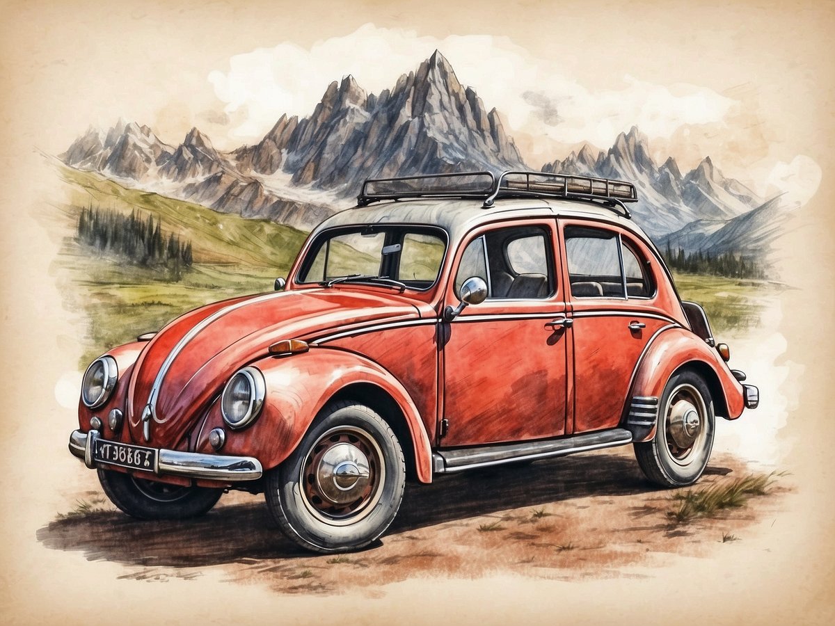 Ein rot lackierter Oldtimer befindet sich auf einem Schotterweg in einer alpinen Landschaft. Hinter dem Fahrzeug erstrecken sich hohe, bergige Gipfel, umgeben von grünen Wiesen und Wäldern. Der Oldtimer ist mit einem Dachgepäckträger ausgestattet und hat runde Scheinwerfer. Die Szenerie vermittelt eine nostalgische Atmosphäre und einen Hauch von Abenteuer.