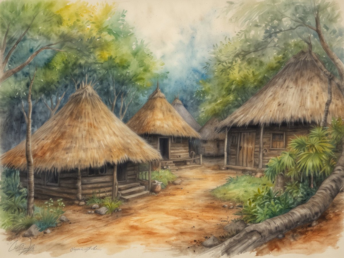 Eine malerische Szene eines kleinen, traditionellen Dorfes mit mehreren Strohhütten, die aus Holz gebaut sind. Die Hütten haben spitze Dächer und befinden sich auf einem staubigen Weg, der durch die Mitte des Dorfes verläuft. Umgeben von dichtem, grünem Baumbestand und zahlreichen Pflanzen vermittelt die Landschaft eine ruhige, mystische Atmosphäre. Die sanften Farben und der leichte Nebel im Hintergrund verstärken den Eindruck von Tradition und Naturverbundenheit.