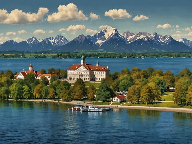 Auf dem Bild ist der Chiemsee zu sehen, umgeben von einer malerischen Landschaft mit Bergen im Hintergrund. Die Anlage im Vordergrund könnte eine historische Villa oder ein Hotel sein, umgeben von Bäumen und Wasser. Es scheinen auch Boote im Hafen zu liegen. Der Himmel ist klar mit einigen Wolken, was auf einen schönen Tag hindeutet.