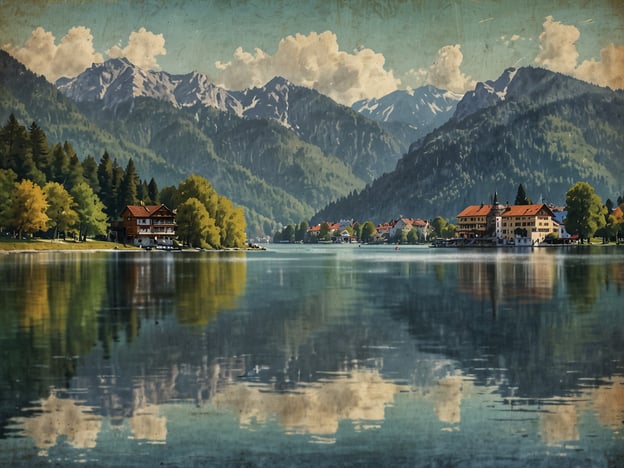 Auf dem Bild ist eine malerische Landschaft mit Der Tegernsee zu sehen. Der See wird von majestätischen Bergen umgeben, die teilweise von Wäldern und bunten Bäumen flankiert werden. Am Ufer stehen mehrere charmante Gebäude, die in das Bild der natürlichen Umgebung harmonisch integriert sind. Die ruhige Wasseroberfläche spiegelt die umliegende Landschaft wider und trägt zur idyllischen Atmosphäre bei.