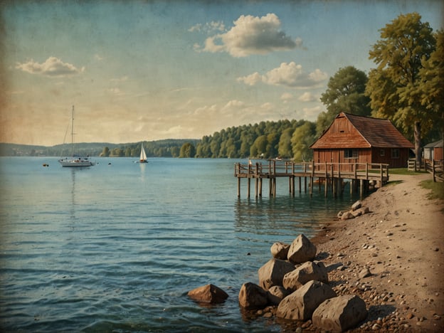 Auf dem Bild ist eine idyllische Szene am Starnberger See zu sehen. Man erkennt ein Holzhaus am Ufer, das von einem Steg umgeben ist. Im Wasser schwimmen mehrere Boote, darunter ein Segelboot. Die Landschaft ist geprägt von sanften Hügeln und grünen Bäumen, und der Himmel ist mit einigen Wolken verziert. Die Atmosphäre vermittelt Ruhe und Naturverbundenheit.