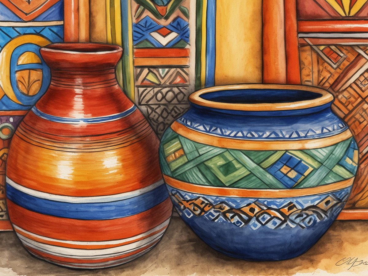 Zwei kunstvoll gestaltete Tontöpfe stehen vor einer bunten Wand mit traditioneller Keramikkunst aus San Juan de Oriente, Nicaragua. Der linke Topf ist rot-orange mit horizontalen Streifen in Blau und Weiß, während der rechte Topf blau mit grünen und orangefarbenen geometrischen Mustern verziert ist. Die Hintergrundgestaltung zeigt lebendige Farben und traditionelle Muster, die die Handwerkskunst dieser Region widerspiegeln.