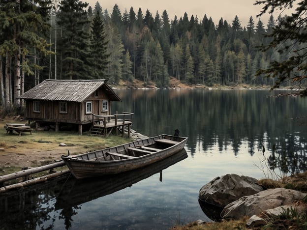 Auf dem Bild ist eine idyllische Landschaft zu sehen, die an den Mummelsee erinnert. Der ruhige See spiegelt die umgebenden Bäume wider, wobei ein kleines Holzhaus am Ufer steht, daneben liegt ein Boot. Die Atmosphäre ist friedlich und verleiht dem Ort eine natürliche Schönheit, die typisch für die Gegend rund um den Mummelsee ist.