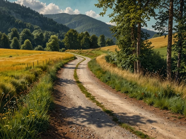 Auf dem Bild ist ein malerischer Schotterweg zu sehen, der sich durch eine grüne Landschaft schlängelt. Umgeben von Wiesen und Bäumen führt der Weg in die Ferne, was die natürliche Schönheit der Umgebung betont. Diese Landschaft könnte Teil des Kocher-Jagst-Radwegs sein, der für Radfahrer eine reizvolle Strecke durch die unberührte Natur in dieser Region bietet. Der Weg lädt zu einer entspannenden Radtour ein und bietet zahlreiche Möglichkeiten, die Landschaft zu genießen.