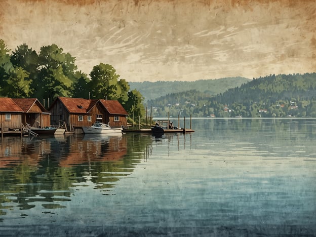 Auf dem Bild ist eine ruhige, malerische Szenerie am Ammersee zu sehen. Es gibt mehrere kleine Holzgebäude mit roten Dächern, die am Ufer stehen, sowie einige Boote, die im Wasser liegen. Die Umgebung ist grün und bewaldet, und die Landschaft spiegelt sich sanft im klaren Wasser des Sees wider. Die gesamte Darstellung vermittelt eine friedliche und idyllische Atmosphäre.