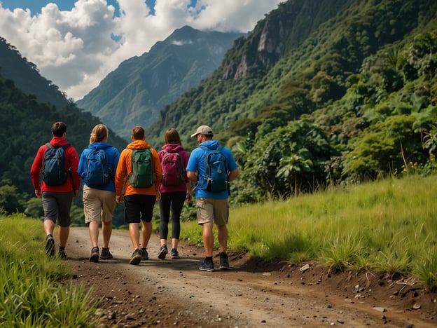 Auf dem Bild sind fünf Personen zu sehen, die eine Wanderung in einer bergigen, bewaldeten Landschaft unternehmen. Sie tragen Rucksäcke und sportliche Kleidung und gehen auf einem schmalen Weg. Die Umgebung ist grün und von majestätischen Bergen umgeben.

**Praktische Tipps für Deinen Besuch:**

1. **Wanderzeug:** Trage bequeme Wanderschuhe und wetterfeste Kleidung, um für verschiedene Bedingungen vorbereitet zu sein.

2. **Wasser und Snacks:** Nimm genügend Wasser und energiereiche Snacks mit, um während der Wanderung hydratisiert und motiviert zu bleiben.

3. **Karten und Navigation:** Informiere dich über den Wanderweg und bringe eine Karte oder ein GPS-Gerät mit, um sicherzustellen, dass du auf dem richtigen Pfad bleibst.

4. **Sonnen- und Insektenschutz:** Vergiss nicht, Sonnencreme und Mückenschutzmittel einzupacken, um dich zu schützen.

5. **Freunde mitnehmen:** Wandern macht mehr Spaß in Gesellschaft, also lade Freunde ein und genießt die Natur gemeinsam.

6. **Zeitplanung:** Plane genügend Zeit für die Wanderung ein, damit du die Landschaft in Ruhe genießen und Pausen einlegen kannst.