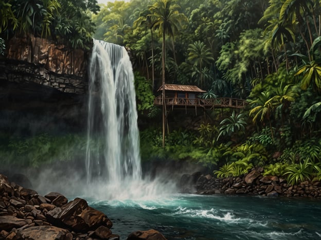 Auf dem Bild ist eine malerische Landschaft mit einem majestätischen Wasserfall zu sehen, umgeben von üppiger, grüner Vegetation. Diese Szene symbolisiert die Schönheit und Vielfalt der Natur, die geschützt und bewahrt werden muss. Der Wasserfall und das klare Wasser stehen für die lebensspendenden Ressourcen unseres Planeten, die zunehmend bedroht sind. 

Der Holzbau, der am Hang steht, könnte als Rückzugsort in der Natur dienen, verstärkt jedoch auch die Verantwortung des Menschen, im Einklang mit der Umwelt zu leben. Umweltbewusstsein und Naturschutz sind entscheidend, um solche einzigartigen Naturschauplätze für zukünftige Generationen zu erhalten. Dieses Bild erinnert uns daran, die natürlichen Habitate zu schützen und nachhaltige Praktiken zu fördern, damit die Schönheit der Natur weiterhin erblühen kann.