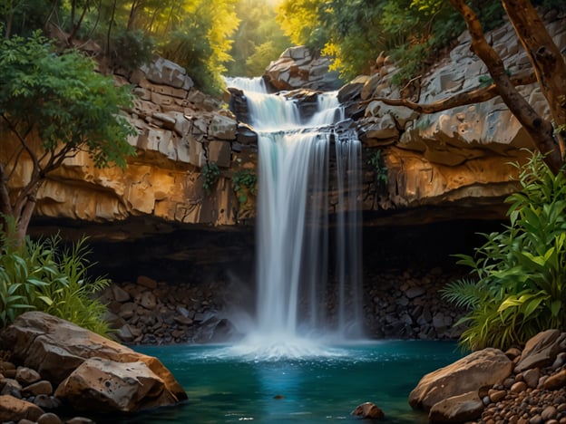 Das Bild zeigt einen wunderschönen Wasserfall, der von üppigem Grün umgeben ist. Die Szenerie strahlt Ruhe und Natürlichkeit aus, und das Wasser fließt sanft in einen klaren Teich. 

Ich erinnere mich an einen Besuch in einem ähnlichen Ort, wo ich an einem sonnigen Tag am Wasser gesessen habe. Das Geräusch des Wassers und die frische Luft waren unglaublich entspannend. Solche Orte sind perfekt, um dem Alltag zu entfliehen. 

Wenn du die Möglichkeit hast, einen Wasserfall zu besuchen, empfehle ich dir, auch etwas Zeit zum Wandern einzuplanen. Oft gibt es schöne Wanderwege, die hin zu diesen malerischen Plätzen führen. Außerdem ist es eine gute Idee, Schwimmsachen mitzunehmen, um an heißen Tagen eine erfrischende Abkühlung im Wasser zu genießen.