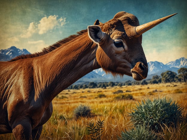 Auf dem Bild ist ein Tier zu sehen, das eine charakteristische Hornform hat. Es scheint in einer weiten, offenen Landschaft mit Gras und einigen Pflanzen vor einer gebirgigen Kulisse zu stehen. Die Umgebung und die Details des Tieres laden dazu ein, die faszinierende Tier- und Pflanzenwelt zu entdecken.