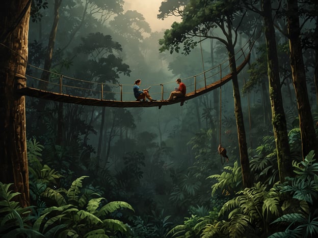 Auf dem Bild sehen wir zwei Personen, die auf einer Hängebrücke im Nebelwald sitzen. Diese beeindruckende Umgebung bietet eine Vielzahl von Aktivitäten und Erlebnissen. Man könnte beispielsweise die Vielfalt der Flora und Fauna erkunden, während man entlang der Brücke wandert. 

Die dichten Bäume und das dämpfende Licht schaffen eine faszinierende Atmosphäre für Naturwanderungen. Es gibt die Möglichkeit, Vögel zu beobachten, die durch den Nebel fliegen, oder zusammen mit einem lokalen Führer die Geheimnisse des Waldes zu entdecken. Zudem könnte man das Zusammenspiel von Licht und Schatten genießen, während man entspannende Momente des Nachdenkens oder der kreativen Inspiration erlebt. Auch das Fotografieren der atemberaubenden Landschaft ist eine beliebte Aktivität für Naturfreunde.