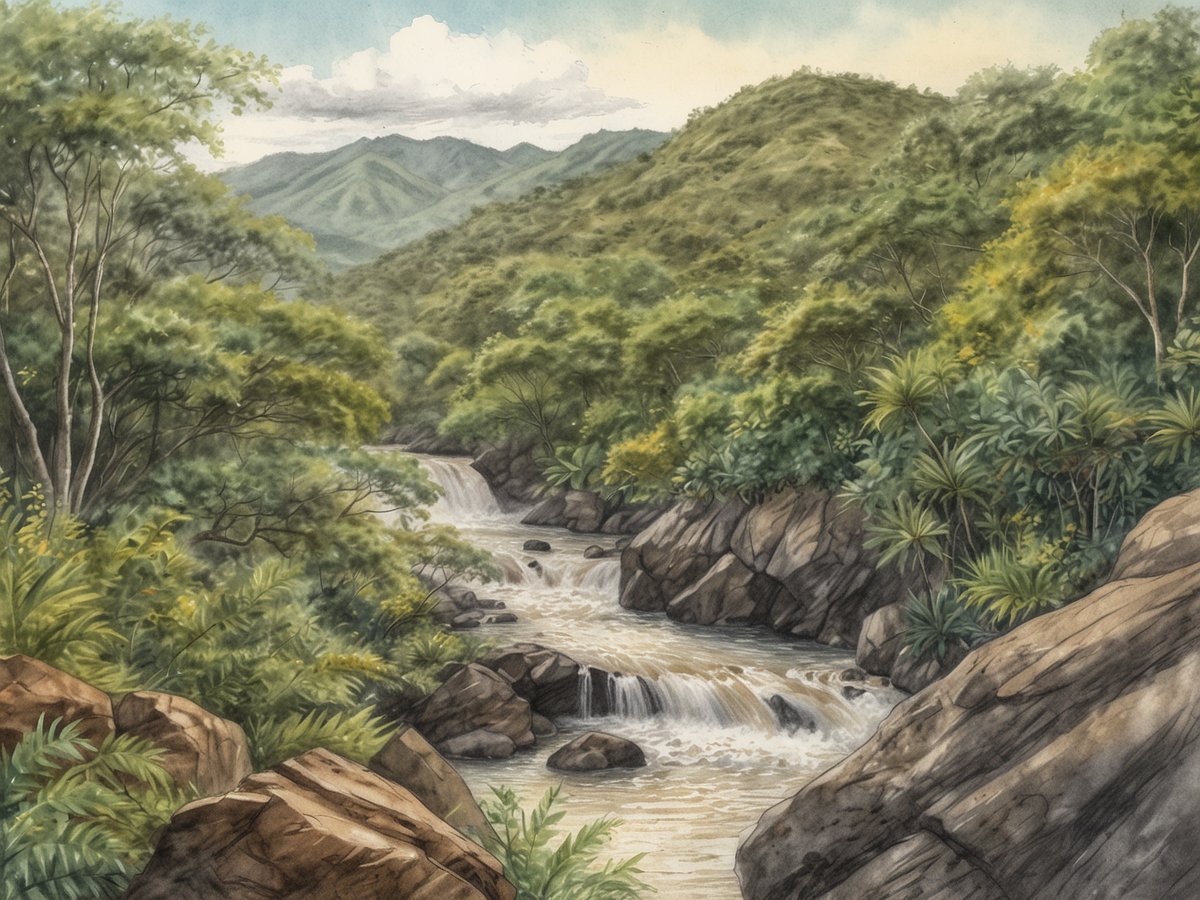 Eine malerische Landschaft im Reserva Natural Cerro Musún zeigt einen sanft fließenden Fluss, umgeben von üppiger Vegetation und beeindruckenden Felsen. Die grünen Hügel im Hintergrund und der bewölkte Himmel schaffen eine friedliche Atmosphäre. Reiche Flora umrahmt das Gewässer, welches über Felsen plätschert und den natürlichen Charme des Gebiets widerspiegelt. Dieses Bild verkörpert die Schönheit und Vielfalt der Natur in diesem besonderen Schutzgebiet.