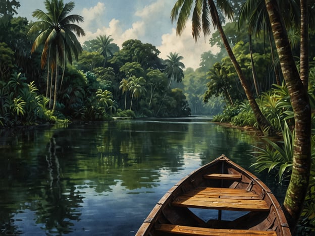 Auf dem Bild sieht man eine malerische, ruhige Szene, die an die Gewässer im Tortuguero Nationalpark in Costa Rica erinnert. Man könnte sich vorstellen, mit einem Boot durch die üppige, grüne Vegetation zu gleiten, umgeben von hohen Palmen und dichten Wäldern. 

Im Tortuguero Nationalpark kann man unglaubliche Tierbeobachtungen machen, wie etwa das Spotten von Kaimanen, verschiedenen Vogelarten und sogar Meeresschildkröten während der Nestzeit. Eine Kanufahrt durch die Kanäle ist ein beliebtes Erlebnis, das es ermöglicht, die faszinierende Flora und Fauna aus nächster Nähe zu erleben. 

Man könnte auch eine geführte Wanderung unternehmen, um mehr über die einzigartigen Ökosysteme und die Biodiversität des Parks zu lernen. Das Gefühl der Ruhe und Abgeschiedenheit, kombiniert mit den Geräuschen des Dschungels, macht einen Besuch im Tortuguero Nationalpark zu einem unvergesslichen Erlebnis.