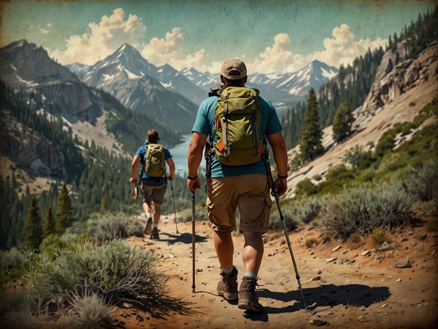 Auf dem Bild sind zwei Personen zu sehen, die in einer bergigen Landschaft wandern. Sie tragen Rucksäcke und nutzen Wanderstöcke, während sie einen schmalen Pfad entlanggehen. Die Umgebung ist geprägt von Bergen, Bäumen und einer schönen, natürlichen Kulisse. Solche Aktivitäten fördern die Erkundung der Natur und körperliche Betätigung abseits des Surfens.