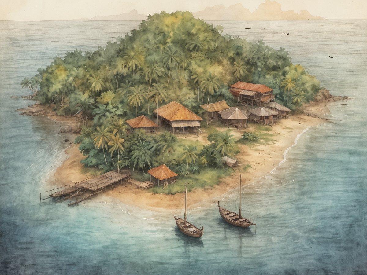 Eine malerische Insel im Nicaraguasee mit üppiger tropischer Vegetation. Die Insel ist von klarem Wasser umgeben und zeigt mehrere Holzhäuser mit gewellten Dachformen. An einem Steg sind zwei kleine Boote festgemacht, während die sanften Wellen am Strand brechen. Im Hintergrund sind weitere Inseln und ein klarer Himmel zu sehen, was die idyllische Atmosphäre der Solentiname-Inseln betont.