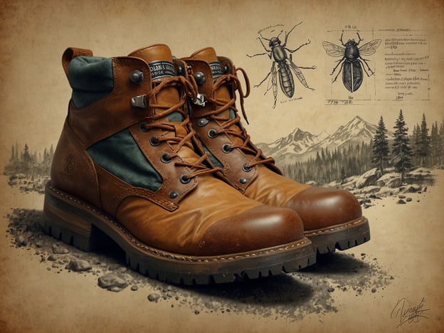 Auf dem Bild sind robuste Wanderschuhe zu sehen, die aus braunem Leder und einem grünen Stoff bestehen. Im Hintergrund sind einige Naturillustrationen wie Berge und kleine Skizzen von Insekten zu erkennen.

**Praktische Tipps für deinen Besuch:** 
1. **Wähle die richtige Fußbekleidung:** Trage bequeme und wetterfeste Schuhe, besonders wenn du in abgelegene Gebiete wandern möchtest.
2. **Achte auf das Wetter:** Überprüfe die Wettervorhersage und kleide dich entsprechend.
3. **Packe ausreichend Proviant ein:** Nimm genug Wasser und Snacks mit, um während deiner Wanderung Energie zu tanken.
4. **Nutze Karten oder Apps:** Informiere dich über Wanderwege und markiere deine Strecke.
5. **Sicherheit geht vor:** Teile jemandem mit, wo du hingehst, und nimm ein Erste-Hilfe-Set mit. 

Viel Spaß bei deinem Abenteuer!