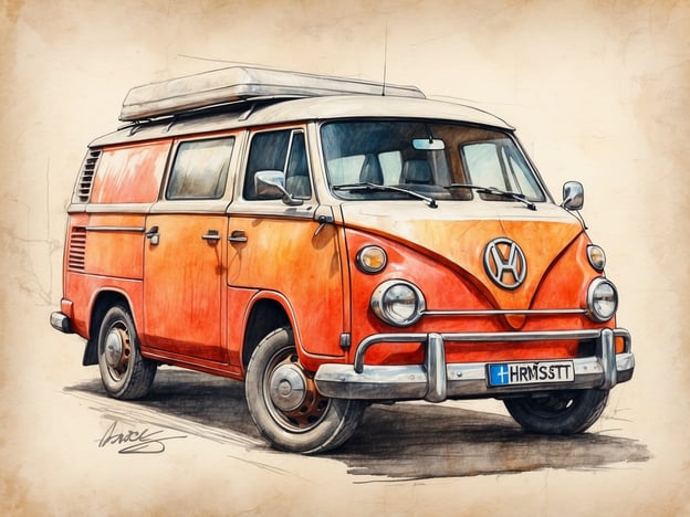 Auf dem Bild ist ein orangefarbener Volkswagen Combi zu sehen, der in einem zeichnerischen Stil dargestellt ist. Der Van hat ein auffälliges Design mit runden Scheinwerfern und einem Dachgepäckträger. Er scheint ein nostalgisches Flair zu haben, was typisch für ältere VW-Modelle ist.