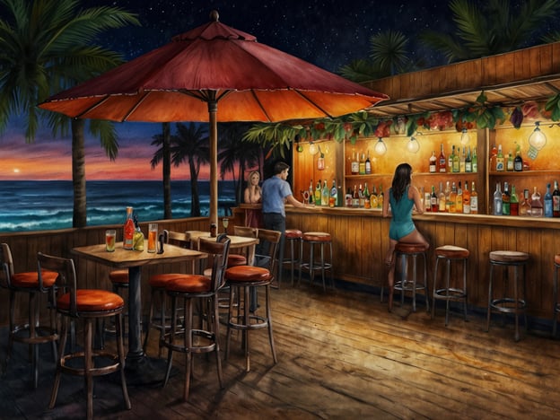 Auf dem Bild ist eine entspannte Bar-Szene in Tamarindo bei Nacht zu sehen. Der Blick geht auf das Meer, während die Sonne untergeht und der Himmel in sanften Farben leuchtet. Die Bar ist im Freien, umgeben von Palmen, und es stehen einige Getränke auf den Tischen. An der Theke unterhalten sich ein paar Personen, während eine Frau an der Bar sitzt und den Abend genießt. Die Atmosphäre wirkt einladend und ideal, um nach einem Tag am Strand das Nachtleben zu entdecken.