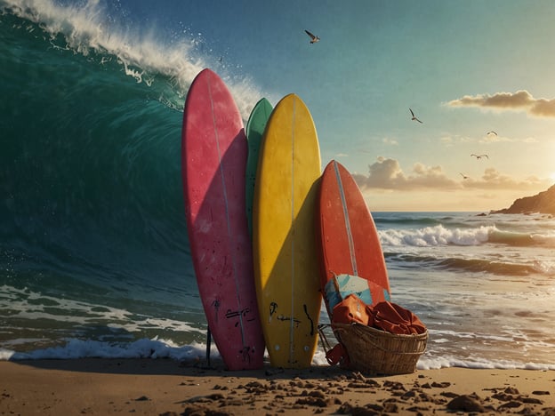 Auf dem Bild sind mehrere farbenfrohe Surfbretter zu sehen, die am Strand aufgestellt sind. Hinter den Brettern sind hohe Wellen zu erkennen, die sich am Ufer brechen. Zudem gibt es einen Korb mit einem Tuch, was auf entspannte Strandatmosphäre hindeutet. Der Himmel ist klar mit einigen Wolken, und es sind Vögel im Flug zu sehen. Es vermittelt eine surferfreundliche Stimmung und lädt ein, das Wasser zu genießen.