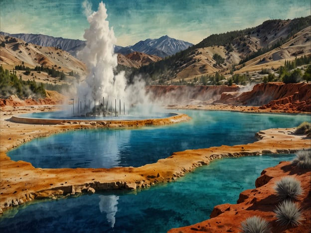 Auf dem Bild sind eindrucksvolle heiße Quellen und Geysire zu sehen, umgeben von einer malerischen Landschaft. Die Geysire speien dampfende Wasserfontänen in die Luft, während das klare, blaue Wasser der heißen Quellen in verschiedenen Farbtönen schimmert. Die Umgebung ist geprägt von sanften Hügeln und Bergen, die dem Szenario eine beeindruckende Kulisse bieten. Entdecke die heißen Quellen und Geysire in dieser außergewöhnlichen Naturlandschaft!