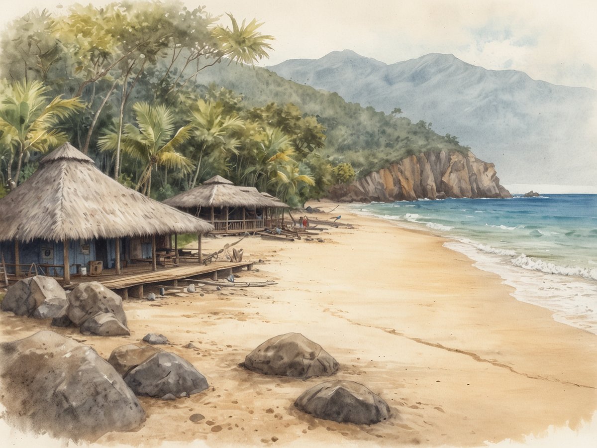 Idyllischer Strand mit sanften Wellen, umgeben von tropischer Vegetation und hohen Palmen. Auf dem Sand befinden sich große, glatte Steine und vereinzelte, traditionelle Hauser mit Strohdächern. Im Hintergrund sind sanfte Hügel und eine steil aufragende Felsformation zu sehen. Der Himmel ist leicht bewölkt und verleiht der Szene eine ruhige Atmosphäre. Der Ort wirkt unberührt und abseits der üblichen Touristenströme.