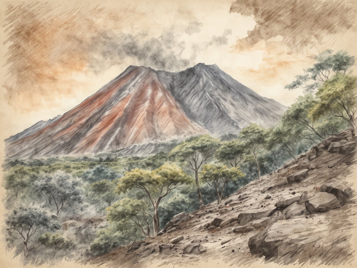 Vulkanisches Gebiet im Reserva Natural Volcán Pilas El Hoyo mit majestätischem Vulkan im Hintergrund, dessen rot- und graubraune Hänge aus der Ferne sichtbar sind. Über dem Vulkan zieht eine Wolke auf, während im Vordergrund eine Landschaft aus grünen Bäumen und zerklüfteten Felsen zu sehen ist. Der Himmel hat einen sanften Farbverlauf, der dem Bild eine besondere Atmosphäre verleiht. Ideal für Abenteuerlustige, die die wilde Schönheit der Natur erleben möchten.