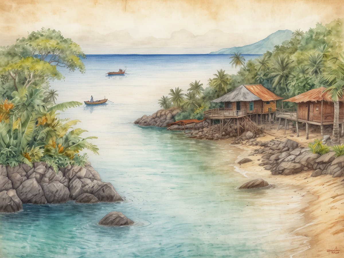 Eine ruhige Küstenlandschaft bei Puerto Cabezas ist zu sehen. Die Szene zeigt kristallklares Wasser, das sanft an einen sandigen Strand plätschert. Auf der linken Seite gruppieren sich üppige grüne Pflanzen und Palmen, während am Ufer zwei traditionelle Holzhütten stehen, die auf Stelzen errichtet sind. Eine Boot ist auf dem Wasser sichtbar, und im Hintergrund sind sanfte Hügel, die die Karibikküste umrahmen. Die sanften Farbtöne vermitteln eine friedliche und einladende Atmosphäre, die die indigenen kulturellen Elemente der Miskito reflektiert.