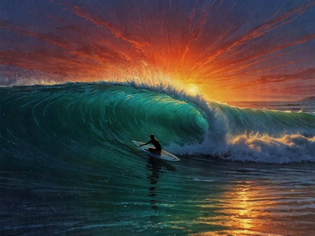 Auf dem Bild ist ein Surfer zu sehen, der in den beeindruckenden Wellen von Nosara surft. Die Atmosphäre wird von einem wunderschönen Sonnenuntergang mit kräftigen Farben geprägt, während die Wellen in einem leuchtenden Blau und Grünschattierungen dargestellt sind. Der Surfer gleitet elegant entlang der brechenden Welle, was eine dynamische und entspannte Stimmung vermittelt.