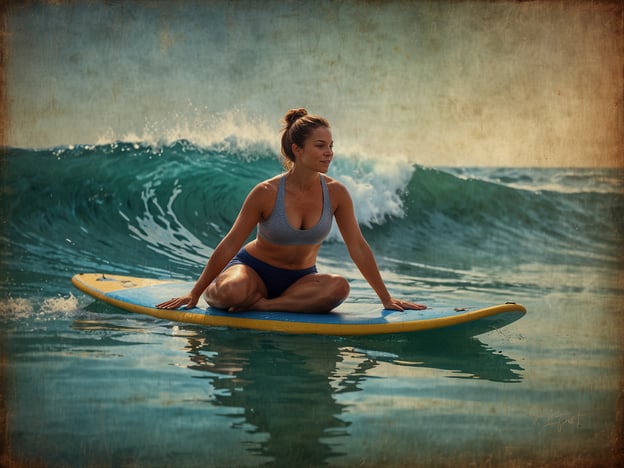 Auf dem Bild ist eine Person zu sehen, die auf einem Surfboard sitzt und in einer Welle paddelt. Diese Darstellung verbindet die Philosophie des Yoga mit dem Surfen, da sie Achtsamkeit, Balance und das Fühlen der natürlichen Elemente symbolisiert. Die ruhige Pose auf dem Wasser vermittelt ein Gefühl der Gelassenheit und Kontrolle, das sowohl im Yoga als auch beim Surfen von zentraler Bedeutung ist. Diese Symbiose fördert ein harmonisches Zusammenspiel von Körper und Geist, während die Welle eine dynamische Kraft repräsentiert, die es zu meistern gilt.