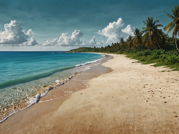 Auf dem Bild ist die Schönheit von Playa Conchal zu sehen. Der Strand zeichnet sich durch seinen feinen, hellen Sand und das kristallklare, türkisfarbene Wasser aus. Palmensilhouetten säumen den Strand, während sanfte Wellen an die Küste schlagen. Der Himmel ist mit schönen, weißen Wolken bedeckt, was eine friedliche und entspannende Atmosphäre schafft. Diese Szene vermittelt ein Gefühl von Ruhe und einladendem tropischen Flair.