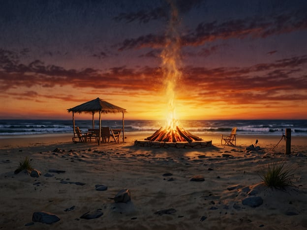 Auf dem Bild ist ein wunderschöner Strand bei Sonnenuntergang zu sehen. In der Mitte brennt ein Lagerfeuer, das eine gemütliche Atmosphäre schafft. Um das Feuer herum könnten die Menschen sitzen, um Geschichten zu erzählen oder Marshmallows zu rösten. 

Im Hintergrund gibt es eine überdachte Sitzecke mit Möbeln, die ideal sind, um sich zu entspannen und die Aussicht auf den Ozean zu genießen. Die sanften Wellen des Wassers laden dazu ein, zu schwimmen oder am Ufer spazieren zu gehen. Solch eine Umgebung ist perfekt für gesellige Abende mit Freunden oder Familie, um die Natur zu genießen und die wunderschöne Kulisse zu erleben.