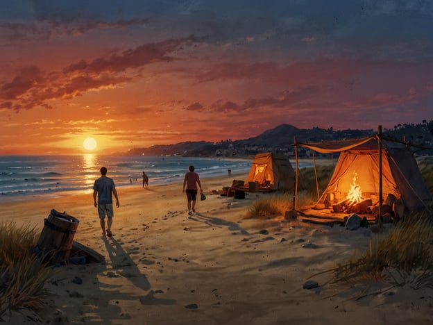 Auf dem Bild ist eine malerische Strandlandschaft bei Sonnenuntergang zu sehen. Zwei Personen gehen entlang des Strandes, während in der Nähe ein Lagerfeuer in einem Zelt brennt. Es scheint ein entspannender Tag am Strand zu sein, perfekt für Aktivitäten wie:

1. **Beobachten des Sonnenuntergangs**: Die bunten Farben am Himmel laden dazu ein, den Abend zu genießen.
2. **Lagerfeuer-Runde**: Gemeinsames Sitzen am Feuer, Geschichten erzählen oder einfach die Ruhe genießen.
3. **Spaziergänge am Strand**: Die frische Meeresluft schnappen und die Wellen rauschen hören.
4. **Geselligkeit mit Freunden**: Vielleicht bei Snacks und Getränken den Tag ausklingen lassen.
5. **Sternenhimmel beobachten**: Nachdem die Sonne untergegangen ist, könnte man in den Abendhimmel schauen und die Sterne zählen. 

Diese Aktivitäten schaffen eine entspannte und gemütliche Atmosphäre, um den Tag harmonisch zu beenden.