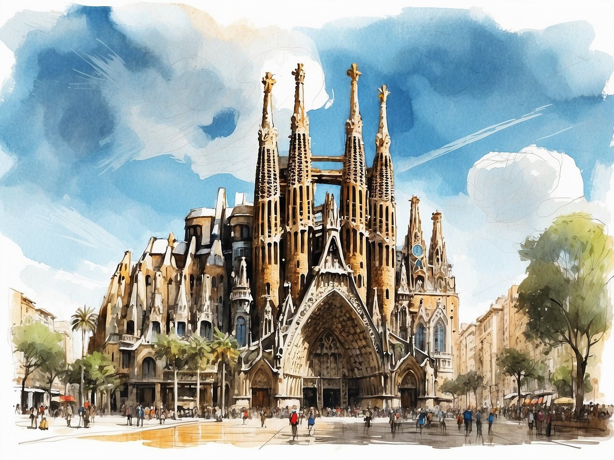 Die Sagrada Familia in Barcelona ist ein beeindruckendes architektonisches Meisterwerk mit hohen, filigranen Türmen und einer reich verzierten Fassade. Umgeben von Bäumen und Leuten, die die Umgebung genießen, strahlt das Gebäude eine majestätische Präsenz aus. Der Himmel ist blau mit einigen Wolken, die dem Bild eine lebhafte Atmosphäre verleihen.