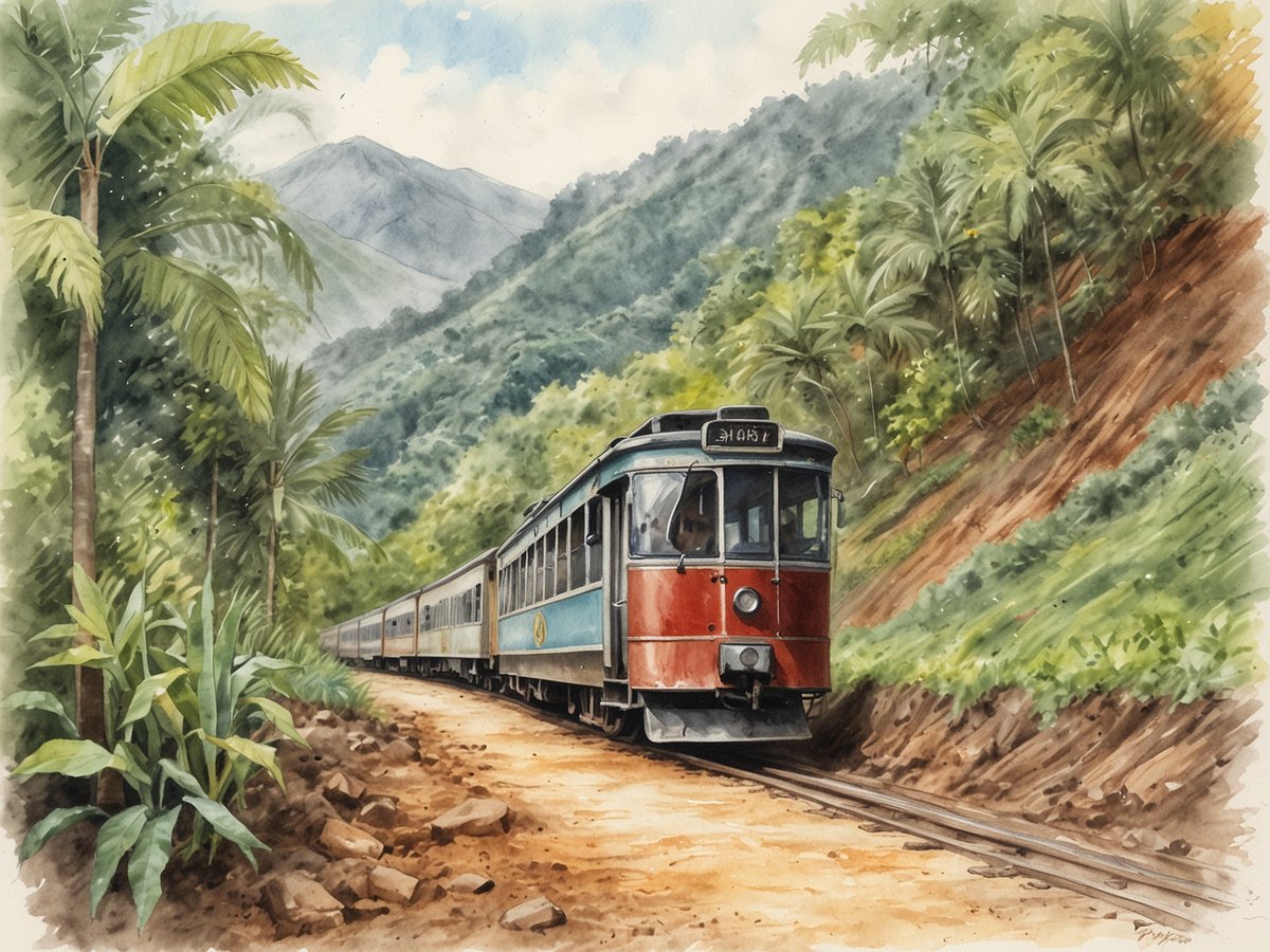 Ein alter Zug fährt durch eine malerische Landschaft, umgeben von üppigen grünen Pflanzen und Bergen im Hintergrund. Der Zug hat eine rot-blau gestrichene Lokomotive und vorbeifahrende Reisezüge. Die Szenerie vermittelt ein Gefühl von Naturverbundenheit und Abenteuer, ideal für eine Erkundungstour durch Kaffeeplantagen und Naturwunder.