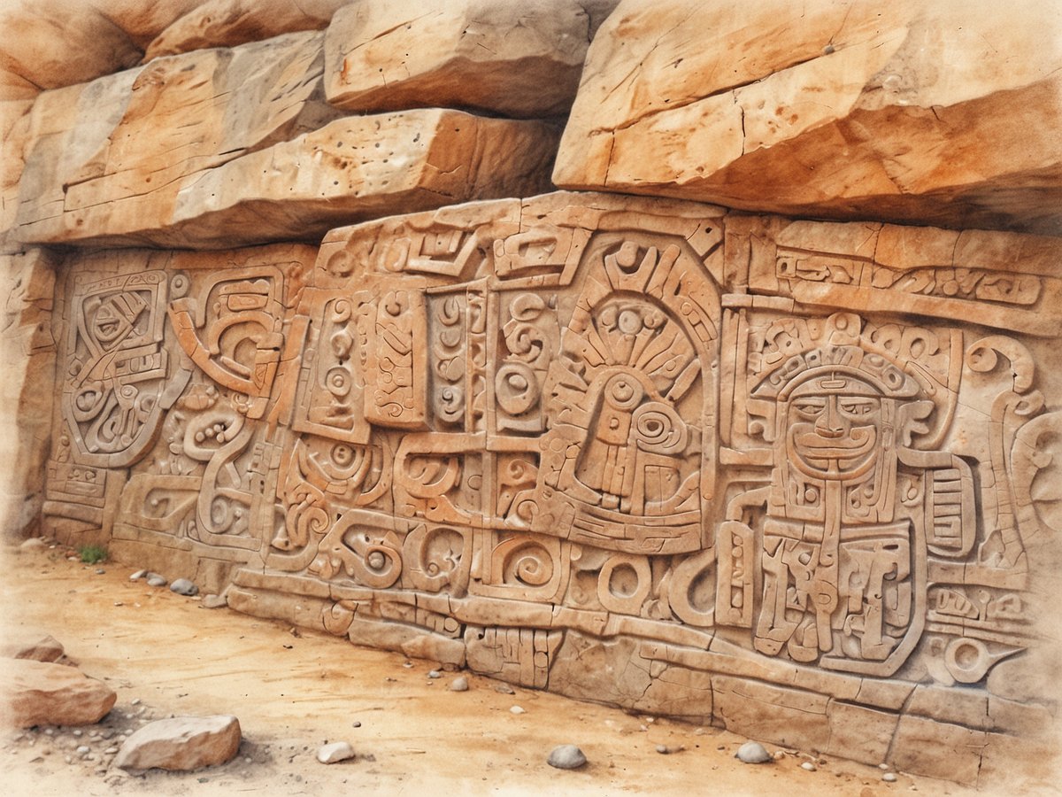 Das Bild zeigt eine Steinwand mit beeindruckenden Felszeichnungen und kunstvollen Reliefs, die in rot-braunen Gestein gemeißelt sind. Die Motive bestehen aus komplexen geometrischen Formen, Figuren und Symbolen, die an eine alte Kultur erinnern. Einige der dargestellten Figuren wirken menschlich, während andere tierische oder mystische Eigenschaften aufweisen. Die Wand ist von rauen Felsen umgeben, und der Boden ist mit kleinen Steinen und Sand bedeckt, was auf eine natürliche Umgebung hinweist. Das Licht fällt sanft auf die Oberfläche und hebt die Details der Felszeichnungen hervor.