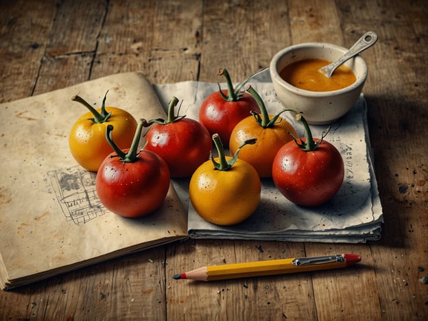 Auf dem Bild sind mehrere frische Tomaten in verschiedenen Farben zu sehen, darunter rote und gelbe. Neben den Tomaten steht eine kleine Schüssel mit einer Sauce. Die Anordnung der Tomaten und die rustic Atmosphäre deuten auf eine kulinarische Szenerie hin.

Kulinarische Highlights, die man mit solchen Zutaten zubereiten könnte, sind zum Beispiel:

- **Tomatensalat**: Mit frischen Kräutern, Olivenöl und Balsamico.
- **Pasta mit Tomatensauce**: Eine einfache, aber köstliche Kombination aus frischen Tomaten, Knoblauch und Gewürzen.
- **Bruschetta**: Knuspriges Brot mit einer Mischung aus gewürfelten Tomaten, Basilikum und Knoblauch.
- **Suppe**: Eine leckere Tomatensuppe, die gut gewürzt ist und eventuell mit frischem Brot serviert wird.

Die Verwendung von frischen, saisonalen Zutaten wie diesen Tomaten verleiht den Gerichten besonderen Geschmack und Qualität.