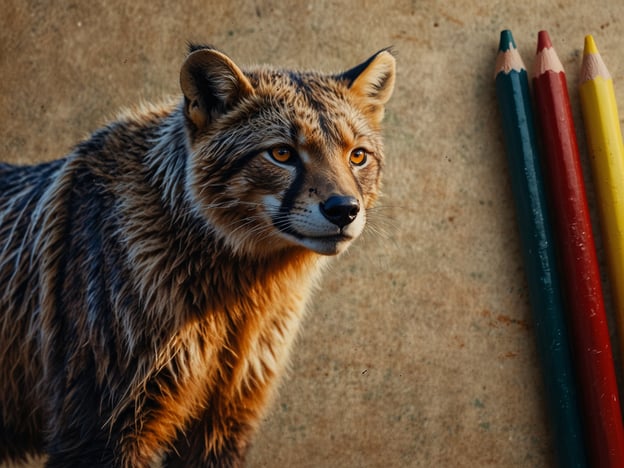 Auf dem Bild ist ein Tier zu sehen, das an einen Fuchs erinnert. Tiere wie dieses sind Teil unserer natürlichen Biodiversität und spielen eine wichtige Rolle im Ökosystem. Der Schutz solcher Arten ist entscheidend für die Erhaltung eines gesunden Lebensraums. 

Neben dem Tier sind auch drei Farbigen Stifte zu sehen. Dies könnte darauf hinweisen, dass Kunst und Kreativität genutzt werden können, um das Bewusstsein für Naturschutz und Nachhaltigkeit zu fördern. Durch kreative Projekte, die natürliche Themen behandeln, können Menschen sensibilisiert werden, um sich aktiv für den Schutz der Umwelt einzusetzen.