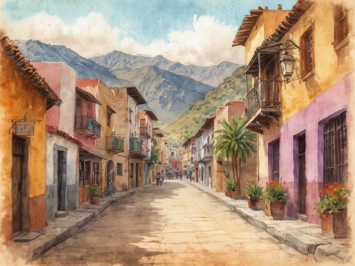 Eine ruhige Straße in San Rafael del Norte mit bunten, historischen Gebäuden, die typische Architektur der Region zeigen. Im Hintergrund erheben sich majestätische Berge unter einem klaren blauen Himmel. Auf der Straße sind Menschen zu sehen, die entspannt spazieren gehen. Grüne Pflanzen und bunte Blumen in Töpfen säumen den Weg und tragen zur charmanten Atmosphäre des alten Stadtteils bei. Das Bild vermittelt ein Gefühl von Frieden und lädt zum Verweilen ein.
