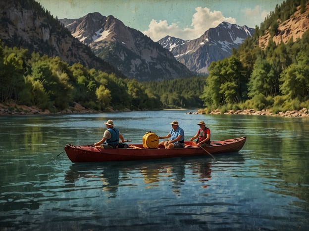 Auf dem Bild sind drei Personen in einem Kanu zu sehen, die auf einem ruhigen Fluss paddeln. Rund um sie sind beeindruckende Berge mit schneebedeckten Spitzen und üppiger Vegetation. Diese Szene lädt zu verschiedenen Aktivitäten am Fluss ein, wie zum Beispiel:

1. **Kayakfahren**: Ideal, um die Natur zu erkunden.
2. **Angeln**: Entspannt am Flussufer sitzen und auf Beifang warten.
3. **Wandern**: Entlang der Uferlinien und in den Bergen, um die Landschaft zu genießen.
4. **Picknicken**: An schönen Plätzen am Fluss eine Pause einlegen.
5. **Fotografieren**: Die malerische Umgebung festhalten. 

Die Aktivitäten rund um den Fluss bieten eine perfekte Möglichkeit, die Natur zu genießen und sich zu entspannen.